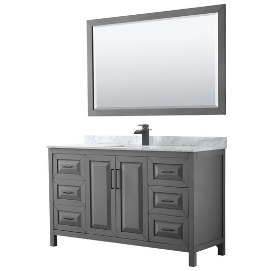 Wyndham Collection Daria 60" Single Bathroom Vanity in Dark Gray, White Carrara Marble Countertop, Undermount Square Sink, Matte Black Trim, 58" Mirror