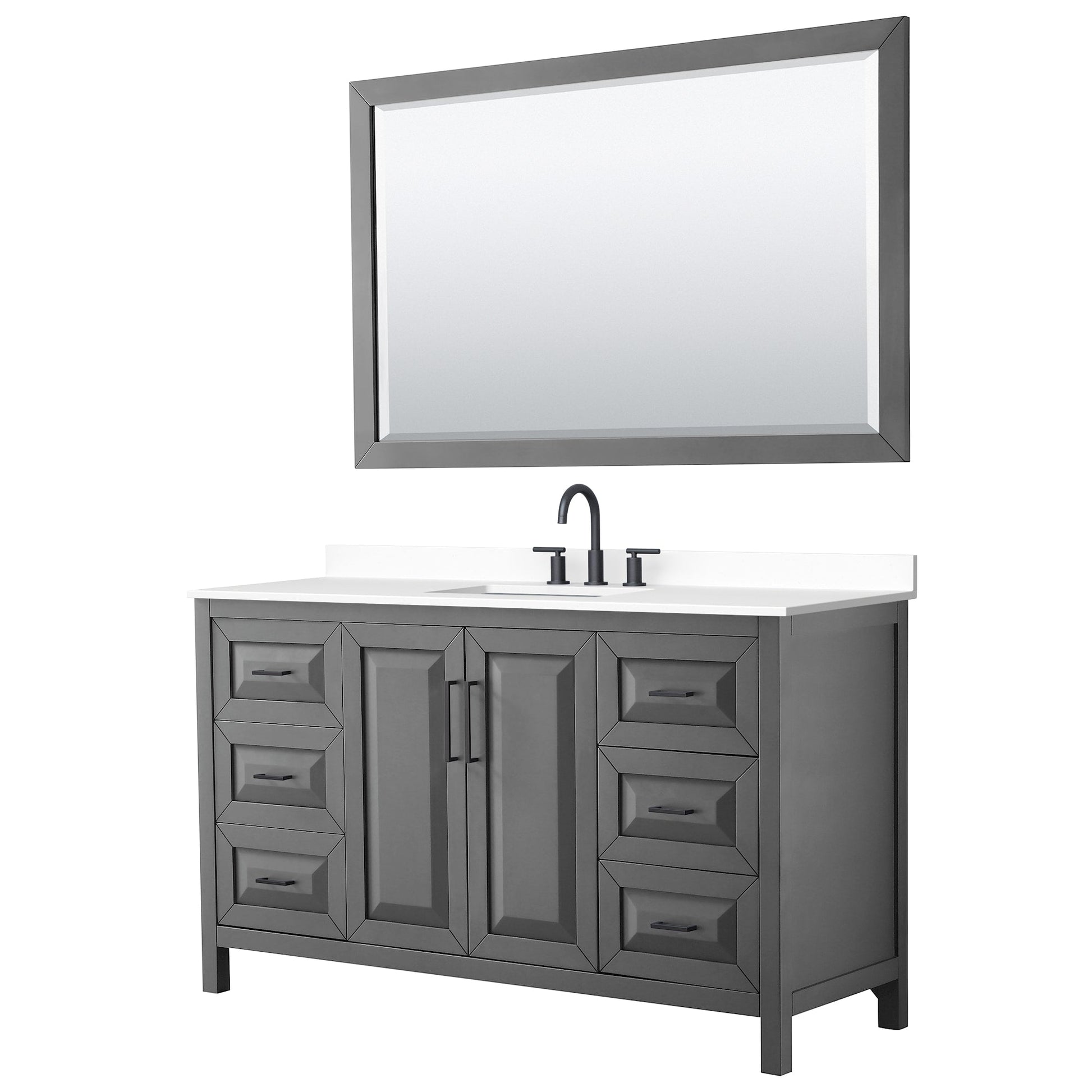 Wyndham Collection Daria 60" Single Bathroom Vanity in Dark Gray, White Cultured Marble Countertop, Undermount Square Sink (3-Hole), Matte Black Trim, 58" Mirror