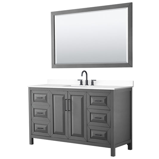 Wyndham Collection Daria 60" Single Bathroom Vanity in Dark Gray, White Cultured Marble Countertop, Undermount Square Sink (3-Hole), Matte Black Trim, 58" Mirror