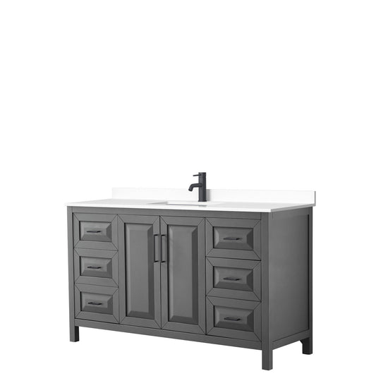 Wyndham Collection Daria 60" Single Bathroom Vanity in Dark Gray, White Cultured Marble Countertop, Undermount Square Sink, Matte Black Trim