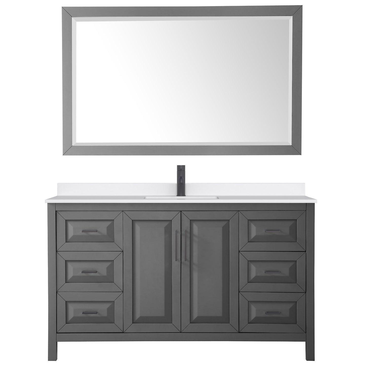 Wyndham Collection Daria 60" Single Bathroom Vanity in Dark Gray, White Quartz Countertop, Undermount Square Sink (1-Hole), Matte Black Trim, 58" Mirror
