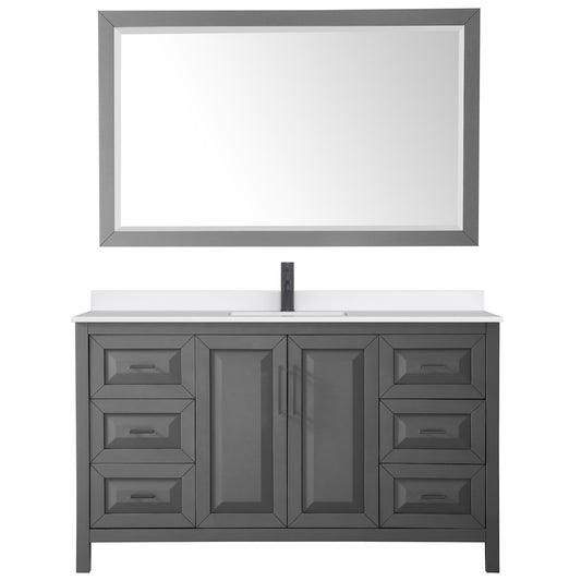 Wyndham Collection Daria 60" Single Bathroom Vanity in Dark Gray, White Quartz Countertop, Undermount Square Sink (1-Hole), Matte Black Trim, 58" Mirror