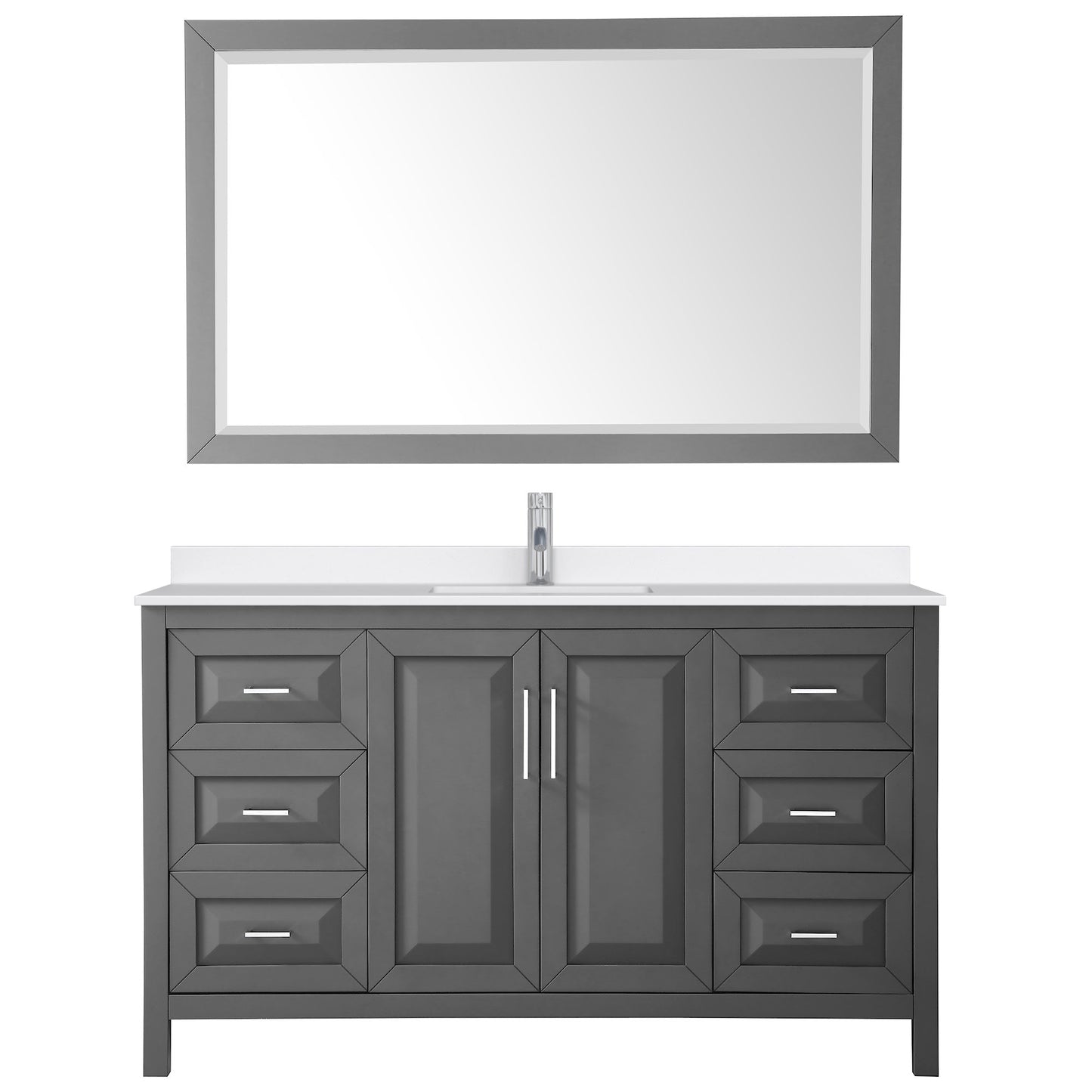 Wyndham Collection Daria 60" Single Bathroom Vanity in Dark Gray, White Quartz Countertop, Undermount Square Sink (1-Hole), Polished Chrome Trim, 58" Mirror
