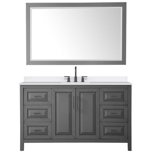 Wyndham Collection Daria 60" Single Bathroom Vanity in Dark Gray, White Quartz Countertop, Undermount Square Sink (3-Hole), Matte Black Trim, 58" Mirror