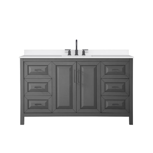 Wyndham Collection Daria 60" Single Bathroom Vanity in Dark Gray, White Quartz Countertop, Undermount Square Sink (3-Hole), Matte Black Trim