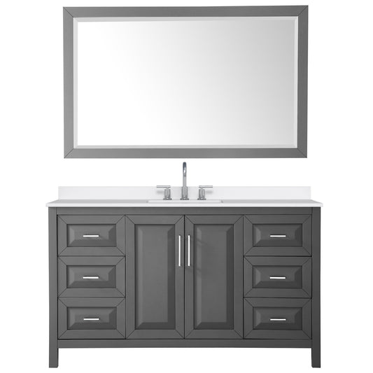 Wyndham Collection Daria 60" Single Bathroom Vanity in Dark Gray, White Quartz Countertop, Undermount Square Sink (3-Hole), Polished Chrome Trim, 58" Mirror