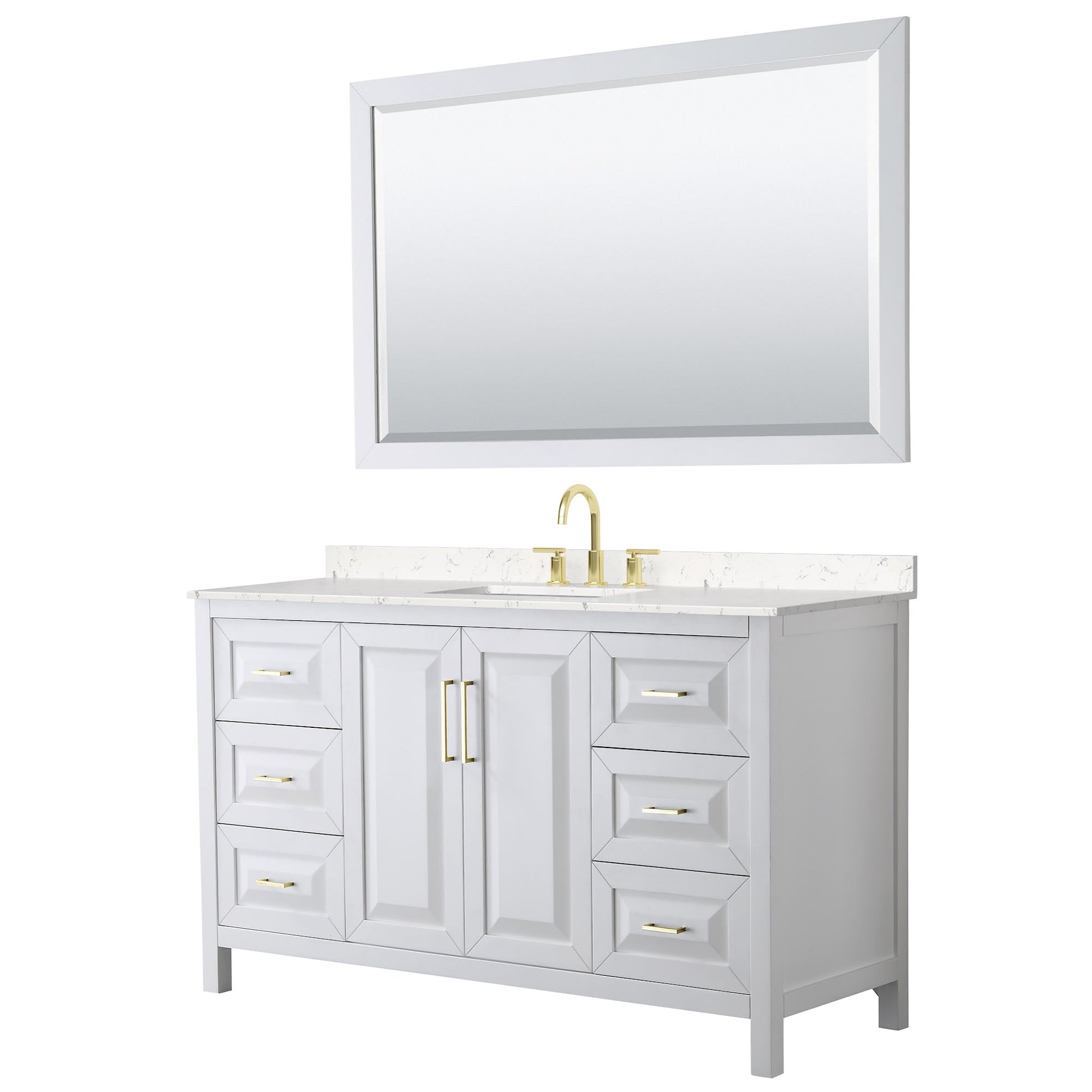 Wyndham Collection Daria 60" Single Bathroom Vanity in White, Carrara Cultured Marble Countertop, Undermount Square Sink (3-Hole), 58" Mirror, Brushed Gold Trim