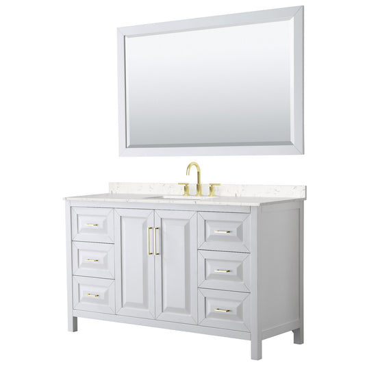 Wyndham Collection Daria 60" Single Bathroom Vanity in White, Carrara Cultured Marble Countertop, Undermount Square Sink (3-Hole), 58" Mirror, Brushed Gold Trim