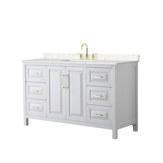 Wyndham Collection Daria 60" Single Bathroom Vanity in White, Carrara Cultured Marble Countertop, Undermount Square Sink (3-Hole), Brushed Gold Trim