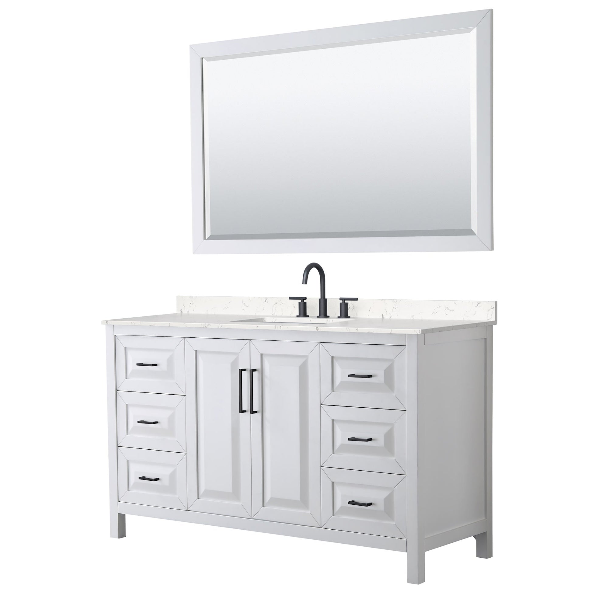 Wyndham Collection Daria 60" Single Bathroom Vanity in White, Carrara Cultured Marble Countertop, Undermount Square Sink (3-Hole), Matte Black Trim, 58" Mirror