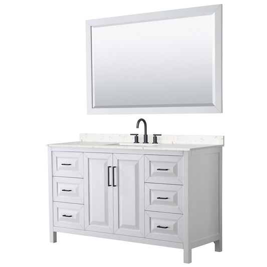 Wyndham Collection Daria 60" Single Bathroom Vanity in White, Carrara Cultured Marble Countertop, Undermount Square Sink (3-Hole), Matte Black Trim, 58" Mirror