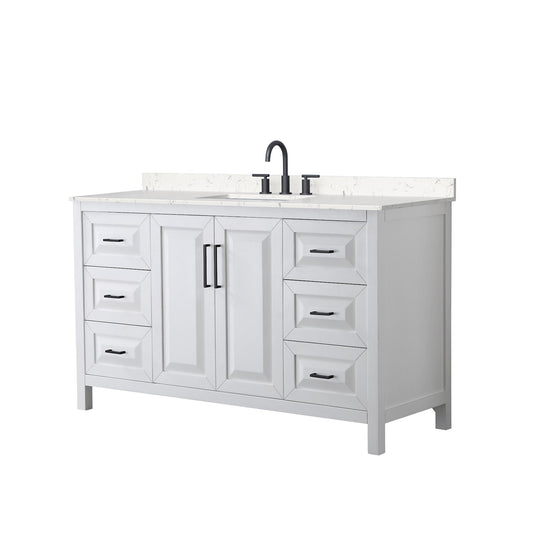 Wyndham Collection Daria 60" Single Bathroom Vanity in White, Carrara Cultured Marble Countertop, Undermount Square Sink (3-Hole), Matte Black Trim