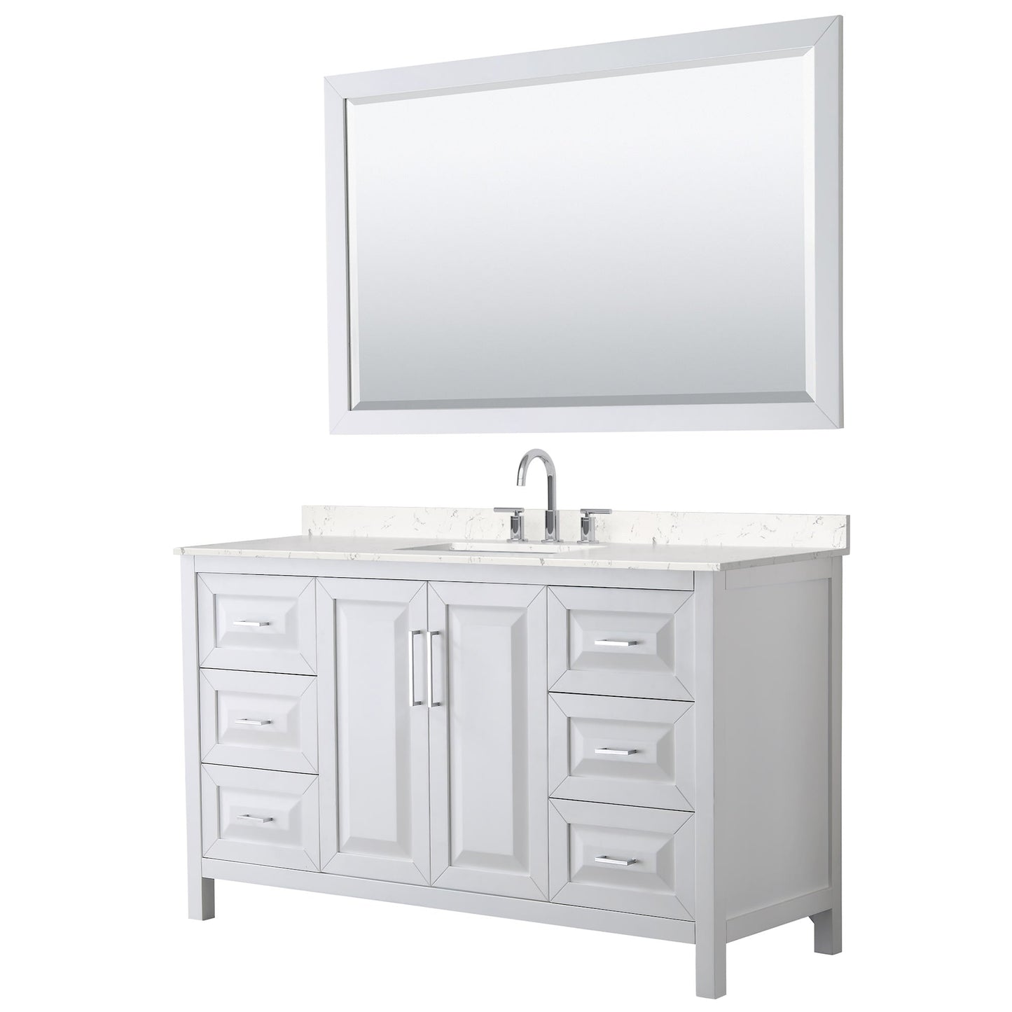 Wyndham Collection Daria 60" Single Bathroom Vanity in White, Carrara Cultured Marble Countertop, Undermount Square Sink (3-Hole), Polished Chrome Trim, 58" Mirror