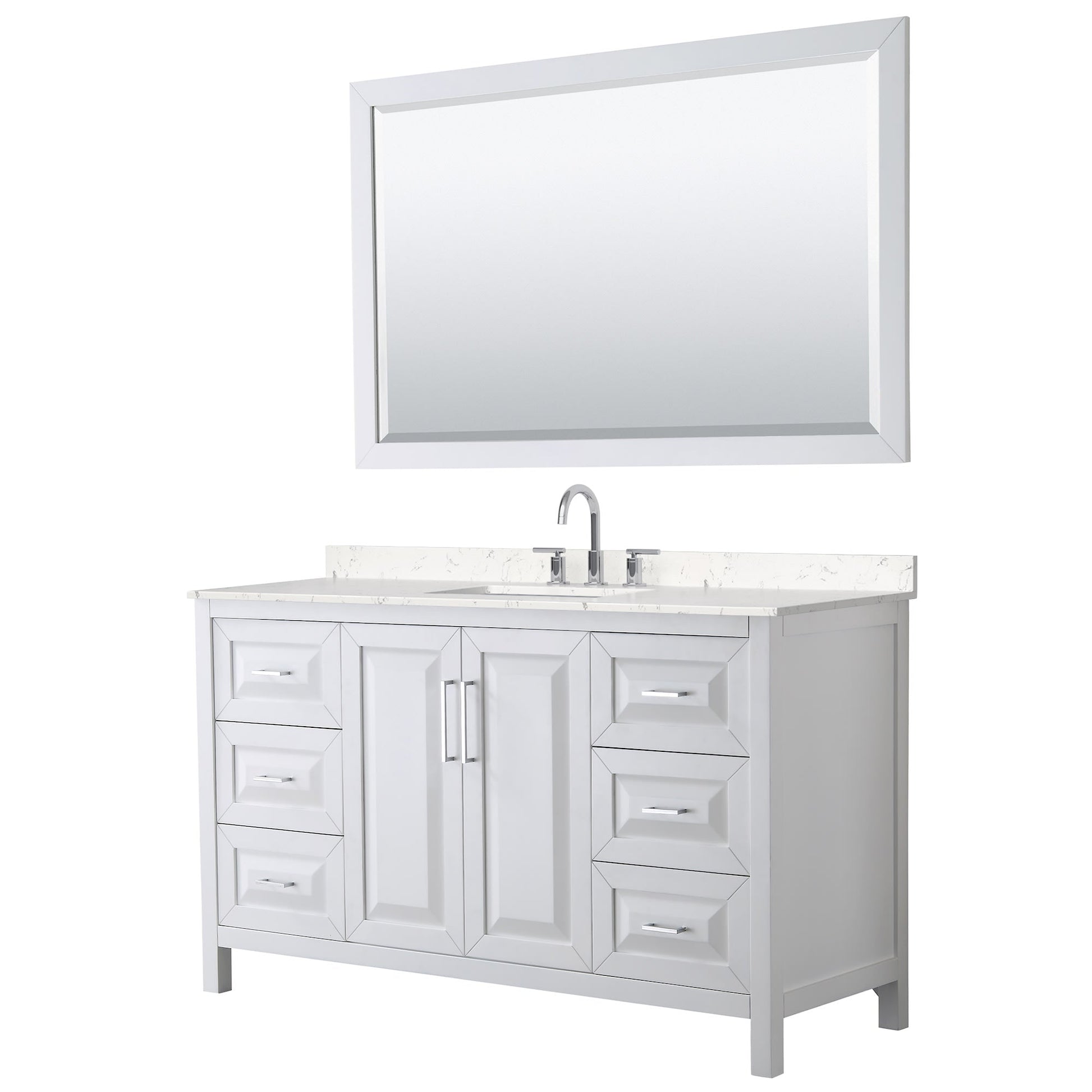Wyndham Collection Daria 60" Single Bathroom Vanity in White, Carrara Cultured Marble Countertop, Undermount Square Sink (3-Hole), Polished Chrome Trim, 58" Mirror