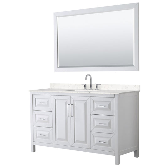 Wyndham Collection Daria 60" Single Bathroom Vanity in White, Carrara Cultured Marble Countertop, Undermount Square Sink (3-Hole), Polished Chrome Trim, 58" Mirror