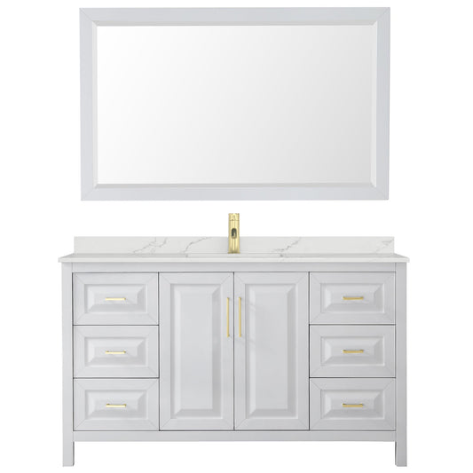 Wyndham Collection Daria 60" Single Bathroom Vanity in White, Giotto Quartz Countertop, Undermount Square Sink (1-Hole), Brushed Gold Trim, 58" Mirror