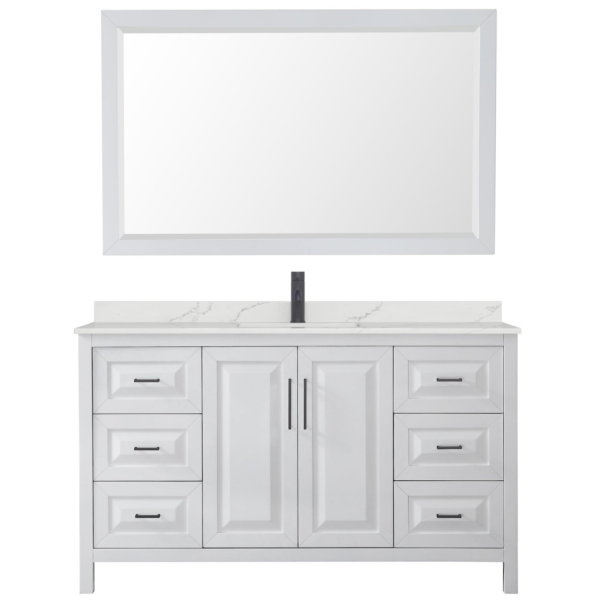 Wyndham Collection Daria 60" Single Bathroom Vanity in White, Giotto Quartz Countertop, Undermount Square Sink (1-Hole), Matte Black Trim, 58" Mirror