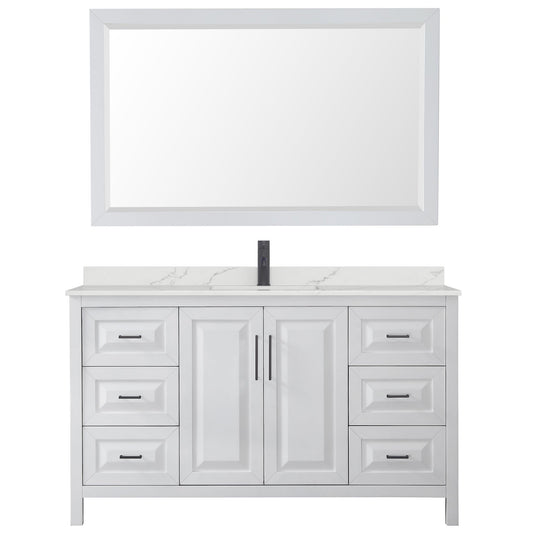 Wyndham Collection Daria 60" Single Bathroom Vanity in White, Giotto Quartz Countertop, Undermount Square Sink (1-Hole), Matte Black Trim, 58" Mirror