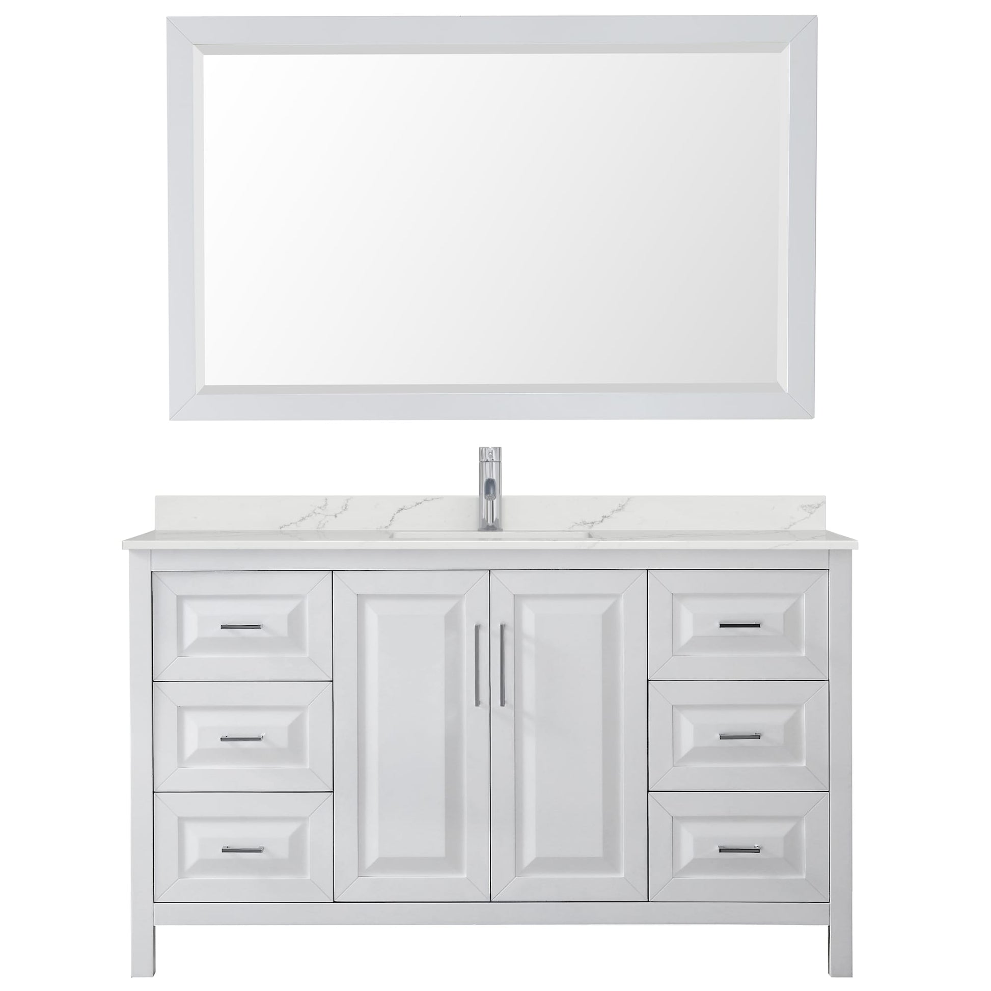 Wyndham Collection Daria 60" Single Bathroom Vanity in White, Giotto Quartz Countertop, Undermount Square Sink (1-Hole), Polished Chrome Trim, 58" Mirror