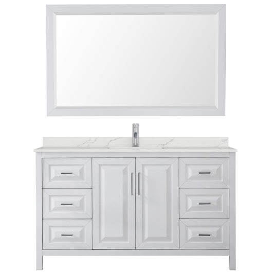 Wyndham Collection Daria 60" Single Bathroom Vanity in White, Giotto Quartz Countertop, Undermount Square Sink (1-Hole), Polished Chrome Trim, 58" Mirror