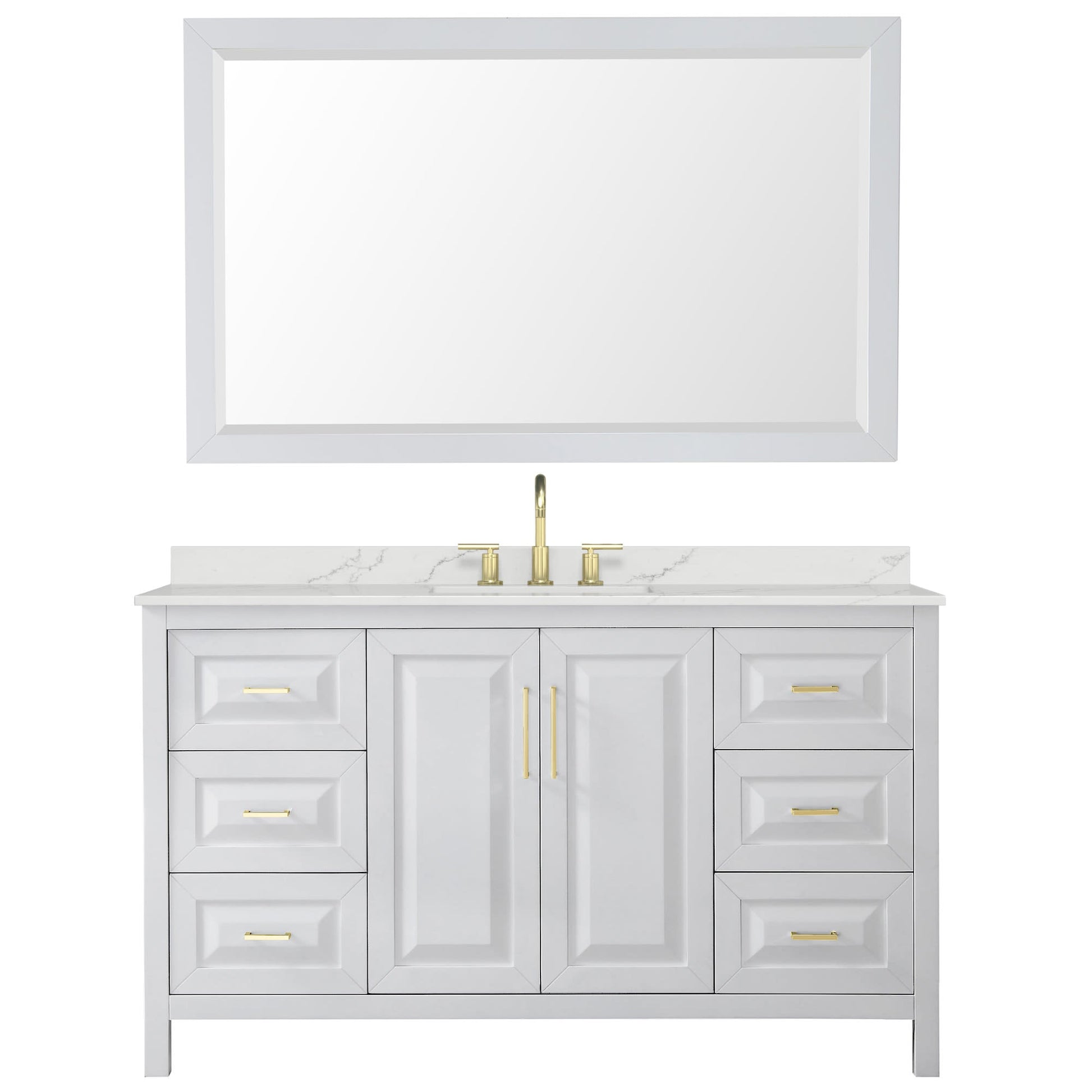 Wyndham Collection Daria 60" Single Bathroom Vanity in White, Giotto Quartz Countertop, Undermount Square Sink (3-Hole), Brushed Gold Trim, 58" Mirror