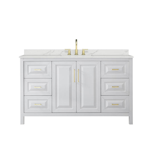 Wyndham Collection Daria 60" Single Bathroom Vanity in White, Giotto Quartz Countertop, Undermount Square Sink (3-Hole), Brushed Gold Trim