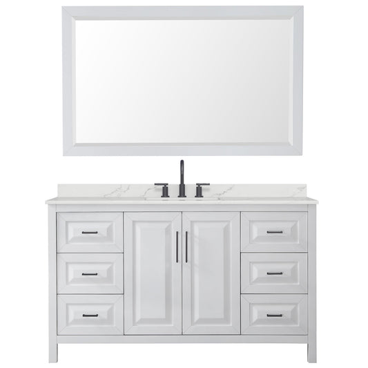 Wyndham Collection Daria 60" Single Bathroom Vanity in White, Giotto Quartz Countertop, Undermount Square Sink (3-Hole), Matte Black Trim, 58" Mirror