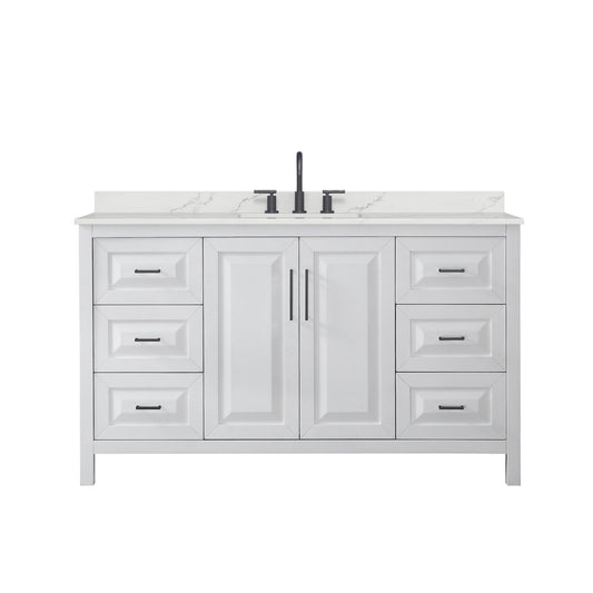 Wyndham Collection Daria 60" Single Bathroom Vanity in White, Giotto Quartz Countertop, Undermount Square Sink (3-Hole), Matte Black Trim