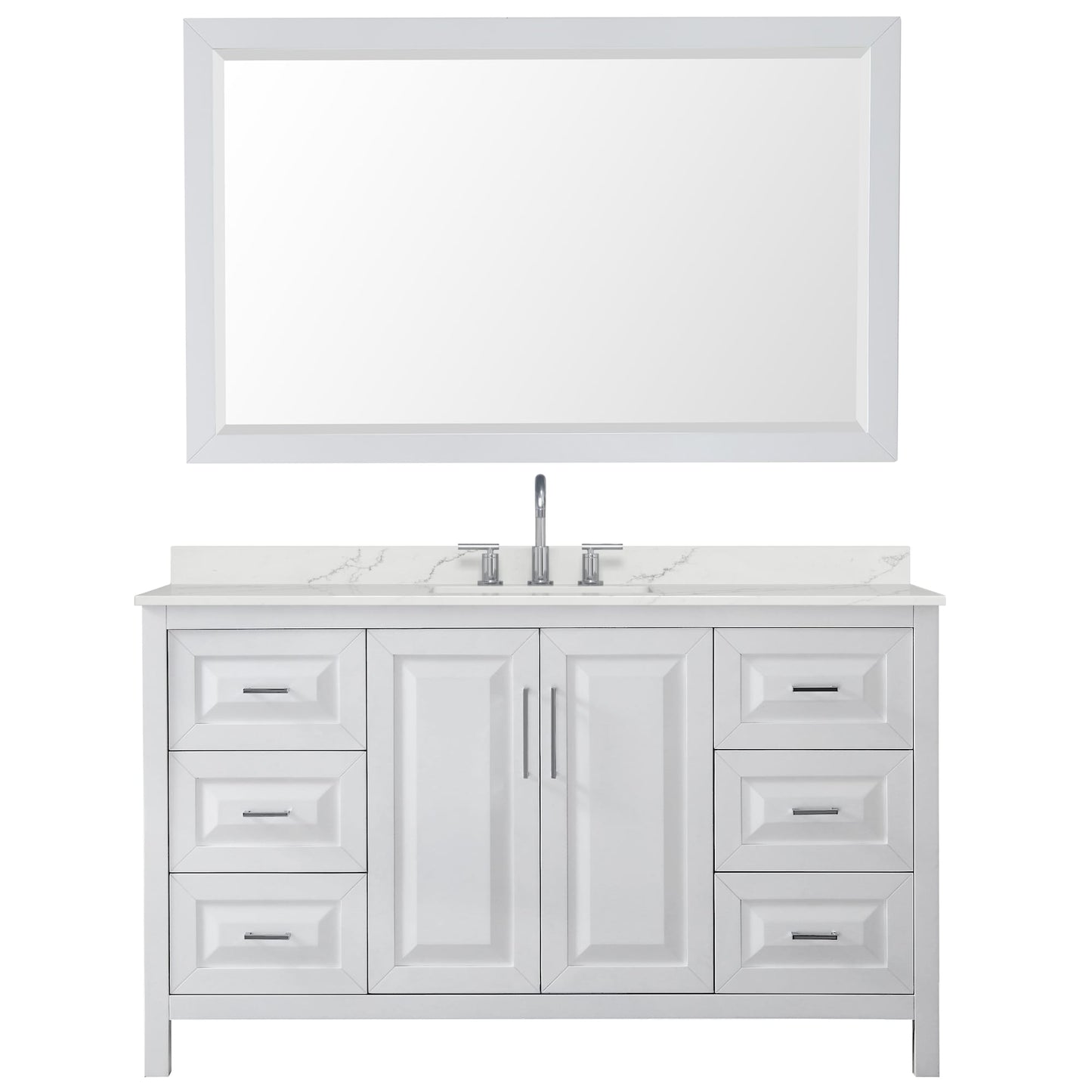 Wyndham Collection Daria 60" Single Bathroom Vanity in White, Giotto Quartz Countertop, Undermount Square Sink (3-Hole), Polished Chrome Trim, 58" Mirror