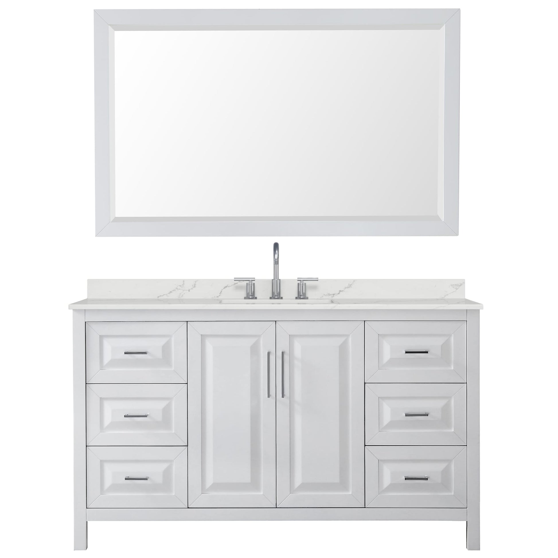 Wyndham Collection Daria 60" Single Bathroom Vanity in White, Giotto Quartz Countertop, Undermount Square Sink (3-Hole), Polished Chrome Trim, 58" Mirror