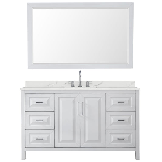 Wyndham Collection Daria 60" Single Bathroom Vanity in White, Giotto Quartz Countertop, Undermount Square Sink (3-Hole), Polished Chrome Trim, 58" Mirror