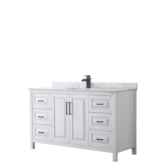 Wyndham Collection Daria 60" Single Bathroom Vanity in White, White Carrara Marble Countertop, Undermount Square Sink, Matte Black Trim
