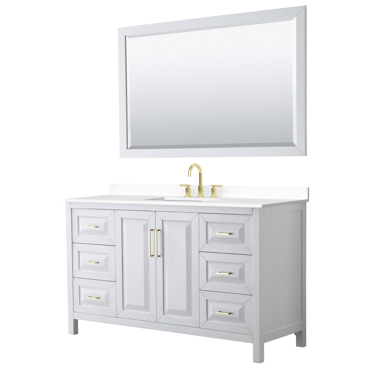 Wyndham Collection Daria 60" Single Bathroom Vanity in White, White Cultured Marble Countertop, Undermount Square Sink (3-Hole), 58" Mirror, Brushed Gold Trim
