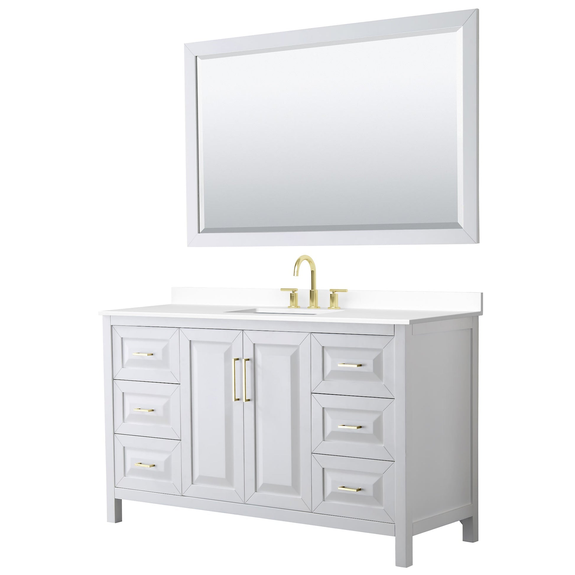 Wyndham Collection Daria 60" Single Bathroom Vanity in White, White Cultured Marble Countertop, Undermount Square Sink (3-Hole), 58" Mirror, Brushed Gold Trim