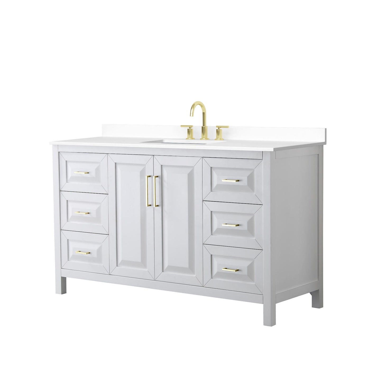 Wyndham Collection Daria 60" Single Bathroom Vanity in White, White Cultured Marble Countertop, Undermount Square Sink (3-Hole), Brushed Gold Trim