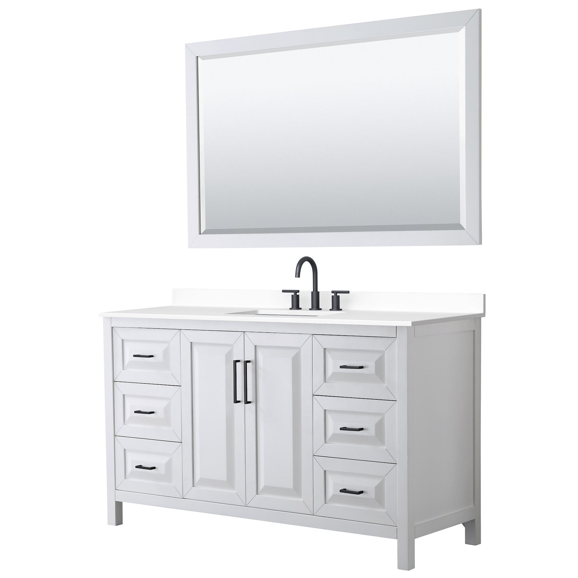 Wyndham Collection Daria 60" Single Bathroom Vanity in White, White Cultured Marble Countertop, Undermount Square Sink (3-Hole), Matte Black Trim, 58" Mirror