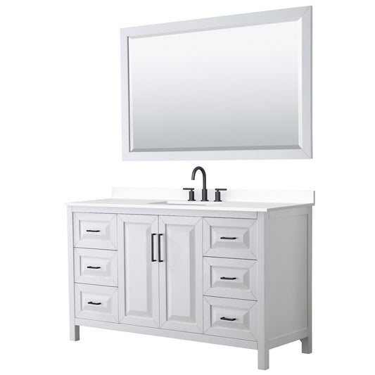 Wyndham Collection Daria 60" Single Bathroom Vanity in White, White Cultured Marble Countertop, Undermount Square Sink (3-Hole), Matte Black Trim, 58" Mirror