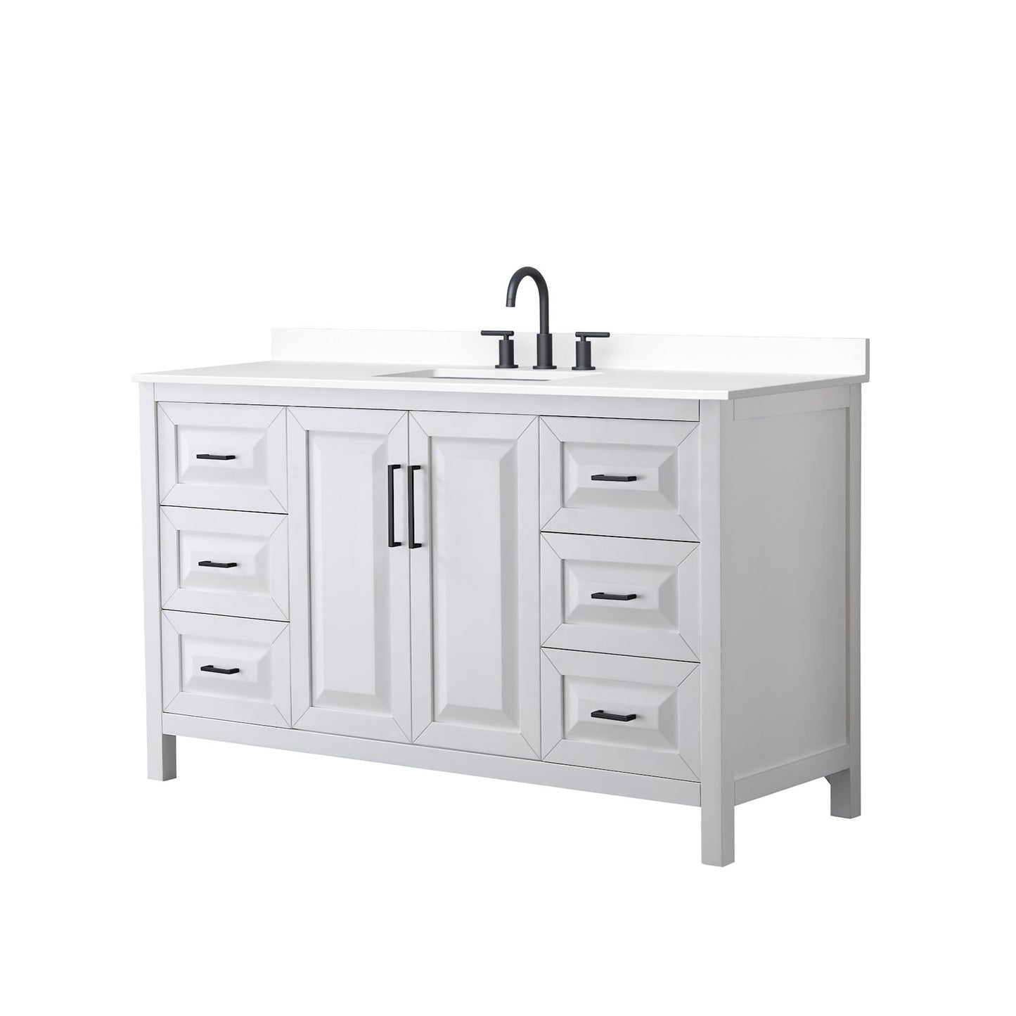 Wyndham Collection Daria 60" Single Bathroom Vanity in White, White Cultured Marble Countertop, Undermount Square Sink (3-Hole), Matte Black Trim