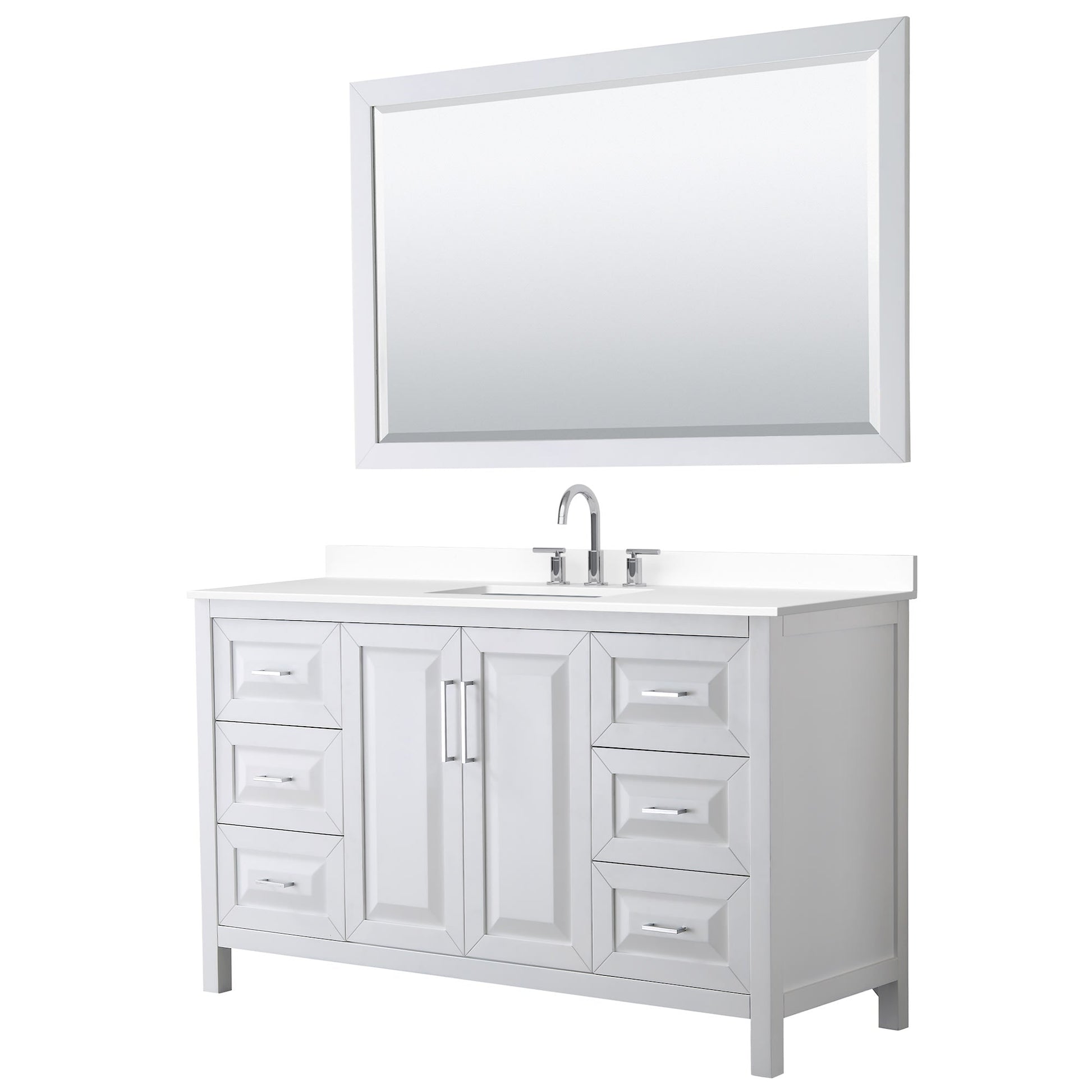 Wyndham Collection Daria 60" Single Bathroom Vanity in White, White Cultured Marble Countertop, Undermount Square Sink (3-Hole), Polished Chrome Trim, 58" Mirror