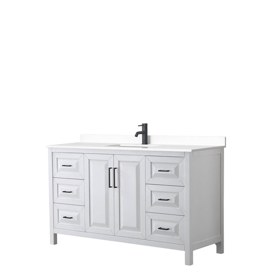 Wyndham Collection Daria 60" Single Bathroom Vanity in White, White Cultured Marble Countertop, Undermount Square Sink, Matte Black Trim