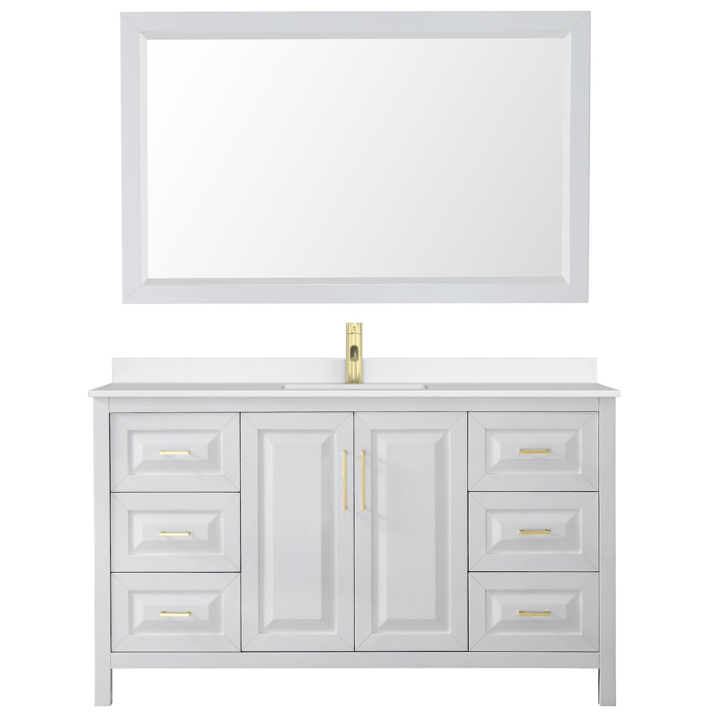 Wyndham Collection Daria 60" Single Bathroom Vanity in White, White Quartz Countertop, Undermount Square Sink (1-Hole), Brushed Gold Trim, 58" Mirror