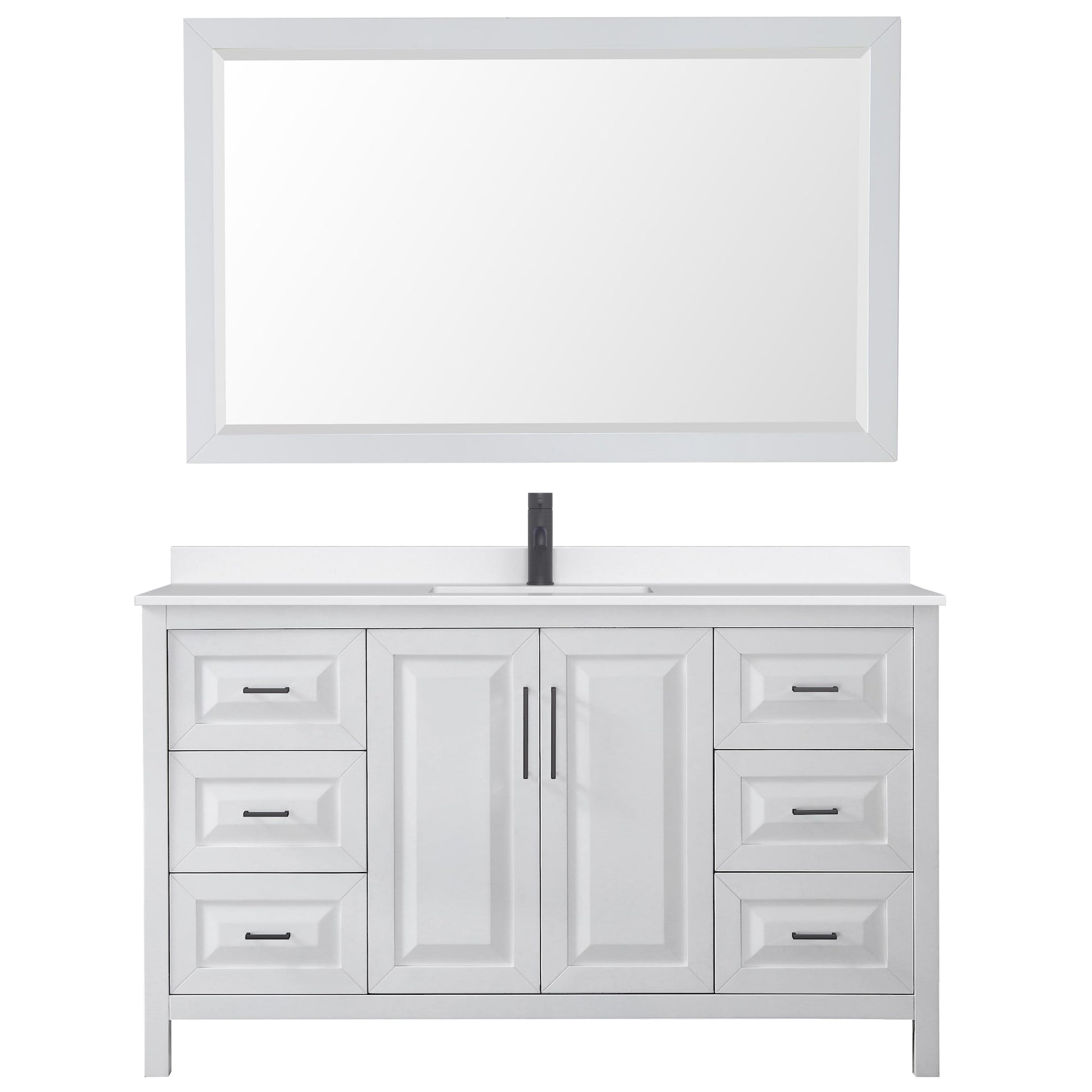 Wyndham Collection Daria 60" Single Bathroom Vanity in White, White Quartz Countertop, Undermount Square Sink (1-Hole), Matte Black Trim, 58" Mirror