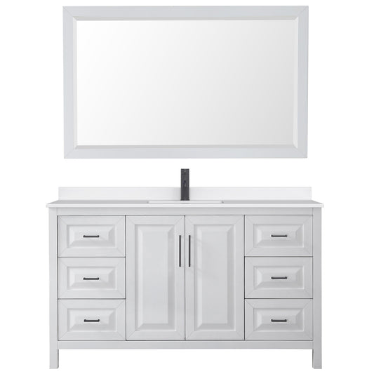 Wyndham Collection Daria 60" Single Bathroom Vanity in White, White Quartz Countertop, Undermount Square Sink (1-Hole), Matte Black Trim, 58" Mirror