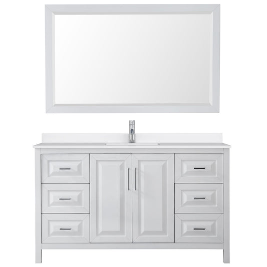 Wyndham Collection Daria 60" Single Bathroom Vanity in White, White Quartz Countertop, Undermount Square Sink (1-Hole), Polished Chrome Trim, 58" Mirror