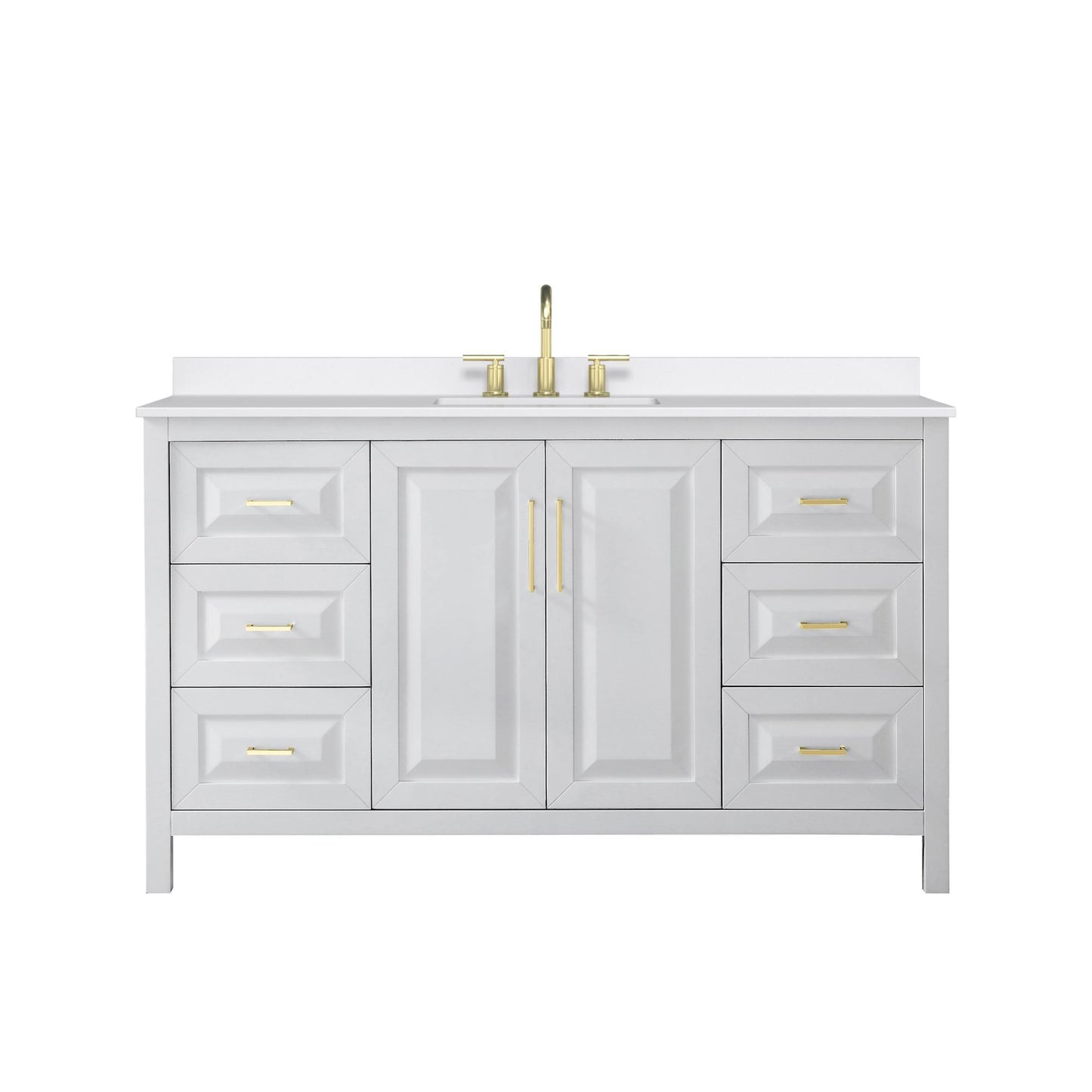 Wyndham Collection Daria 60" Single Bathroom Vanity in White, White Quartz Countertop, Undermount Square Sink (3-Hole), Brushed Gold Trim