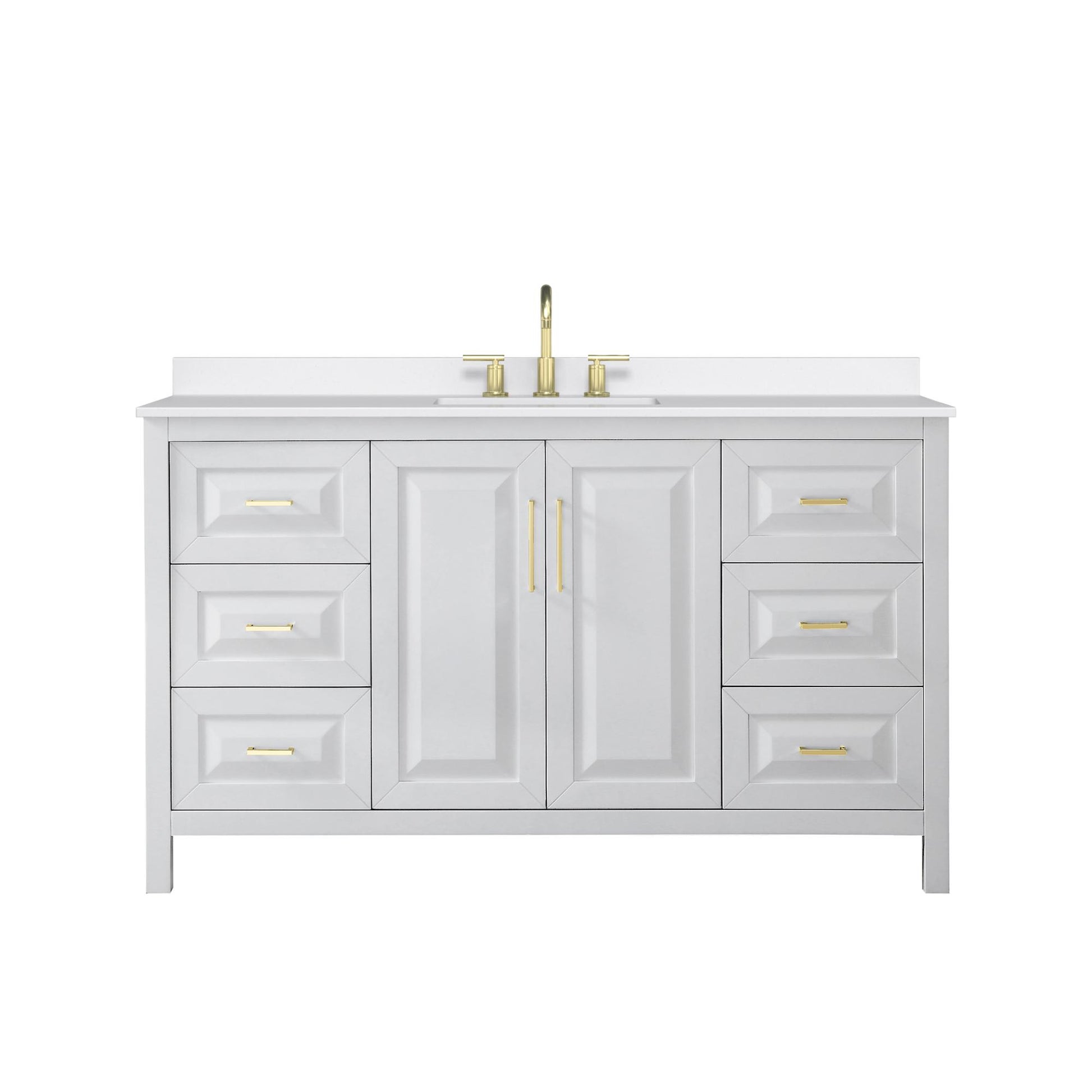 Wyndham Collection Daria 60" Single Bathroom Vanity in White, White Quartz Countertop, Undermount Square Sink (3-Hole), Brushed Gold Trim