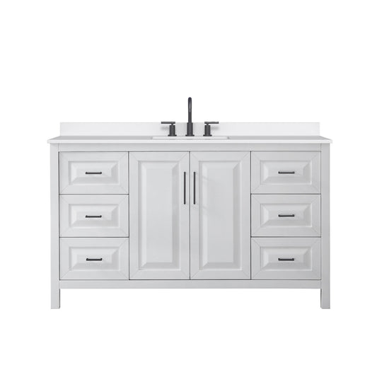 Wyndham Collection Daria 60" Single Bathroom Vanity in White, White Quartz Countertop, Undermount Square Sink (3-Hole), Matte Black Trim
