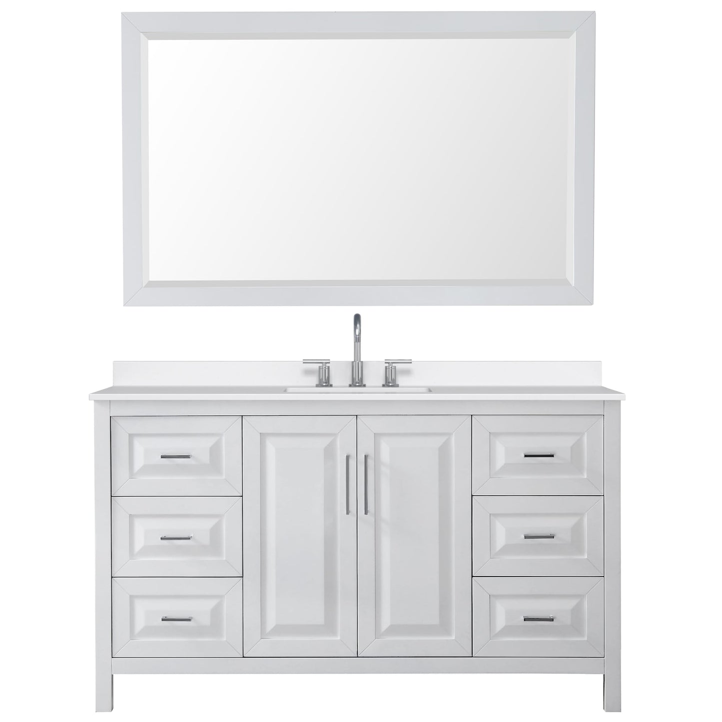 Wyndham Collection Daria 60" Single Bathroom Vanity in White, White Quartz Countertop, Undermount Square Sink (3-Hole), Polished Chrome Trim, 58" Mirror