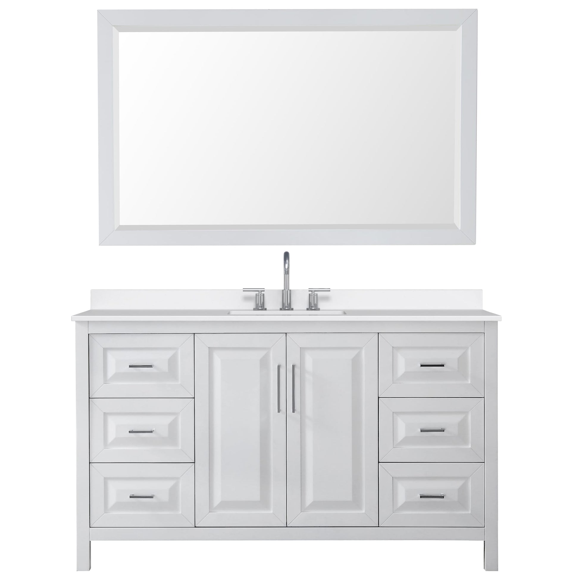 Wyndham Collection Daria 60" Single Bathroom Vanity in White, White Quartz Countertop, Undermount Square Sink (3-Hole), Polished Chrome Trim, 58" Mirror