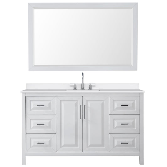 Wyndham Collection Daria 60" Single Bathroom Vanity in White, White Quartz Countertop, Undermount Square Sink (3-Hole), Polished Chrome Trim, 58" Mirror